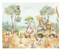 Fototapeta dla dzieci Tapeta Zoo Safari zwierzęta sawanna lew słoń żyrafa