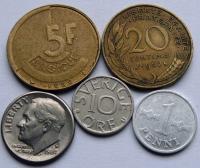 Zestaw 5 szt. monet świat - USA Francja Finlandia Belgia Szwecja