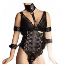 Bielizna Erotyczna Body Skórzane Kajdanki Komplet Uprząż Czarny Gorset