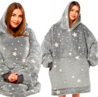 KOCOBLUZA CIEPŁA BLUZA XXL KOC OVERSIZE DŁUGA FUTRZAK Z KAPTUREM GWIAZDKI