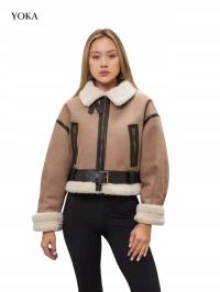 KURTKA SKÓRZANA DAMSKA Z KOŻUCHEM PILOTKA VINTAGE STYLOWA UNIWERSALNA YOKA