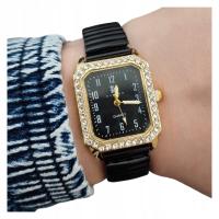 Zegarek damski czarny z cyrkoniami cyfry bransoleta rozciągliwa prostokątny