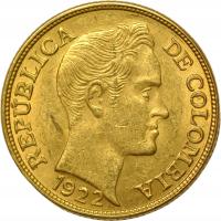 Kolumbia 5 Pesos 1922 Simon Bolivar ładne złoto