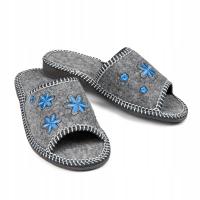 Filcowe Szare Klapki w Kwiatki Kapcie Damskie