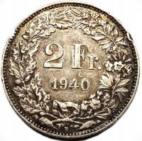 Szwajcarska srebrna moneta obiegowa o nominale 2 franków z 1948 roku.