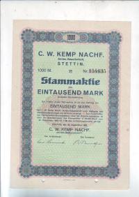 Szczecin, C.W.Kemp, fabryka wódek, akcja na 1000 marek, 1923 r.