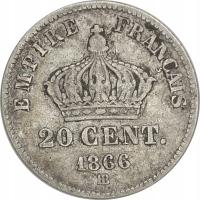 5.FRANCJA, NAPOLEON III, 20 CENTIMÓW 1866 BB