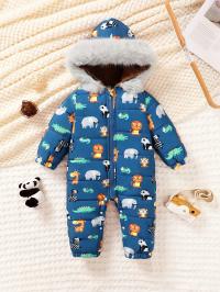 KOMBINEZON NIEMOWLĘCY ZIMOWY Z KAPTUREM PRINT NIEBIESKI SHEIN 74