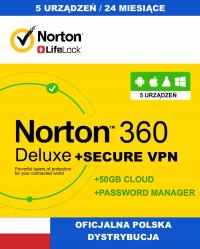 NORTON 360 Deluxe + Secure VPN 5 stanowisk / 2 Lata (nie wymaga karty)