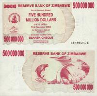 Zimbabwe 2008 - 500 000 000 (500 million) Dollars Pick 60 UNC