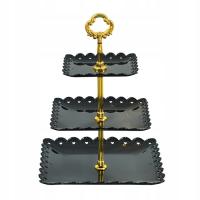 Czarna patera 3-poziomowa ze złotym uchwytem ciasto kwadratowa plastikowa