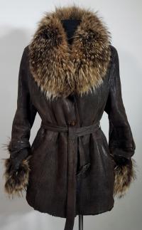 Naturalny kożuch brąz trencz cieniutki CRISTO PELLI lekki JENOT XL XXL