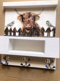 Wieszak na klucze z póleczka - krowa szkodzka i ptaszki