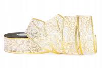 WSTĄŻKA Z DRUCIKIEM Z BROKATEM ZE WZOREM ORNAMENT 4cm/9m ZŁOTO-BIAŁA