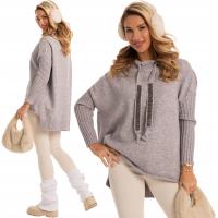 Luźny SWETER Sweterek TUNIKA Dłuższy Tył Troczki Dżety Cyrkonie Szary
