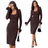 ПРИТАЛЕННОЕ ПЛАТЬЕ МИДИ ПОДУШКА ЦВЕТОК НА РУКАВЕ ВИСКОЗА-ШОКОЛАД