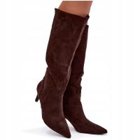 KOZAKI DAMSKIE NA SZPILCE EKO ZAMSZOWE WSUWANE OCIEPLANE CZEKOLADOWE