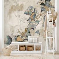 Фото обои фреска бетон птицы листья стены лофт бохо 368x254
