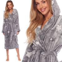 L&L 9145 DŁUGI CIEPŁY SZLAFROK Z KAPTUREM W GWIAZDKI SZARY