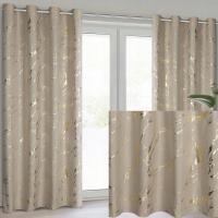 Zasłona 140X250 beżowa lekka ze złotym nadrukiem przelotka