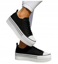 Trampki damskie czarne wiązane buty na platformie buty wiosenne 18492