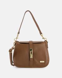 VENEZIA DAMSKA BRĄZOWA SKÓRZANA TOREBKA Z KLAMRĄ I ZŁOTYMI DETALAMI