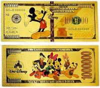 Mickey Mouse DISNEY Piękny Kolekcjonerski Banknot Pozłacany PREZENT