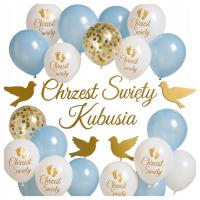 Zestaw CHRZEST balony DEKORACJE niebieskie baner IMIĘ złoto topper konfetti