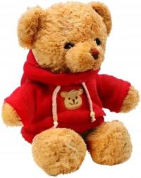 MIŚ PLUSZOWY CZERWONY 30 CM Z KAPTURKIEM I NADRUKIEM ŁAPY