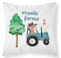 Poszewka na poduszke 40x40 cm biała niebieska farma zwierzęta traktor