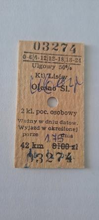 BILET KARTONIKOWY KOLEJOWY PKP LISÓW - OLEŚNO ŚLĄSKIE / ZAWADZKIE