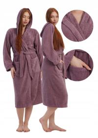 Szlafrok damski Vienetta wiązany bawełniany Frotte z kieszeniami Kaptur