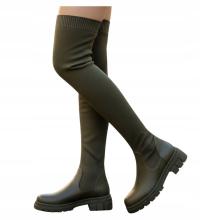 Kozaki damskie z wysoką cholewką Oliwkowe buty muszkieterki 18074