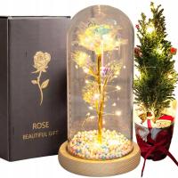 WIECZNA RÓŻA W SZKLE ZŁOTA ŚWIECĄCA LED PREZENT PUDEŁKO ŚWIĘTA URODZINY