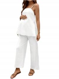 SHEIN BIAŁY LEN KOMPLET NA CIĄŻĘ Z REGULOWANYMI RAMIĄCZKAMI 40/42 1HA