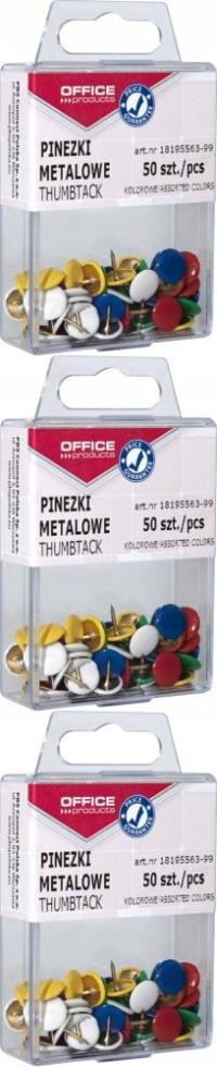 Pinezki biurowe 50 sztuk mix kolorów w pudełku Office Products x 3