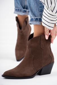 Шоколадные женские ковбойские сапоги на низком каблуке из натуральной кожи