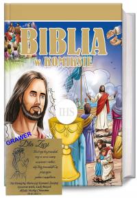 Biblia w komiksie PAMIĄTKA PIERWSZEJ KOMUNII CHRZTU grawer Pismo Święte