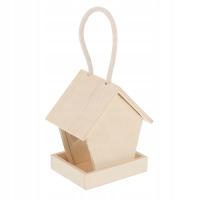 Beżowy drewniany karmnik dla ptaków z dozownikiem karmy wielokąt