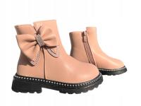 Botki Dla Dziewczynki Piękne Beata Ocieplane z Kokardką Pudrowy Róż