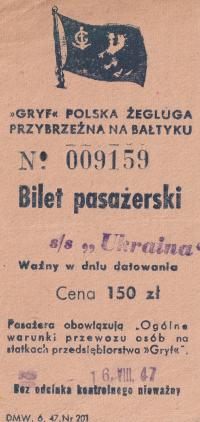 BILET GRYF ŻEGLUGA PRZYBRZEŻNA BAŁTYK 1947 SS UKRAINA