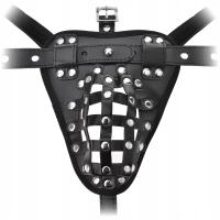 SKÓRZANY MĘSKI PAS CNOTY SEX KLATKA OBROŻA NA PENISA Z ĆWIEKAMI BDSM