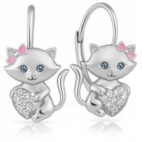 Srebrne kolczyki wiszące dla dziewczynki kotki serce srebro próba 925