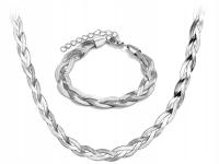 Srebrny komplet biżuterii zestaw pleciony taśma naszyjnik bransoletka