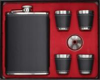 Черная кожаная фляжка с бокалами и воронкой для подарка