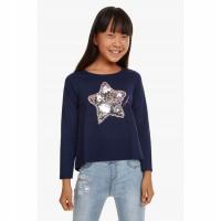 Desigual Ribbon Granatowy, Cekinowy Dziewczęcy Bawełniany Top, 146-152 cm