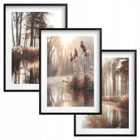 Plakaty do salonu Obrazy w czarnej ramie Trawa Jezioro zestaw w stylu Boho