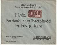 KATOWICE. Pocztowa Kasa Oszczędności. Koperta, z 1937 -dwujęzyczny druk