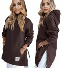 Czekoladowa gruba ciepła długa bawełna DRESOWA BLUZA oversize kaptur KORA
