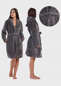 Szlafrok damski pluszowy z kapturem kieszeniami wygodny wiązany ciepły